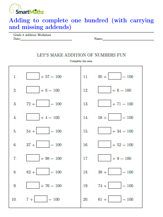 Adding to complete one hundred (with carrying and missing addends ...
