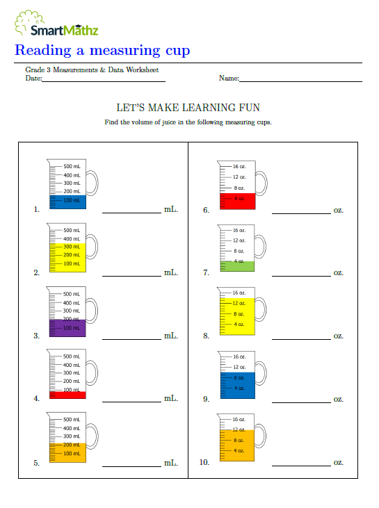 Reading measuring cups worksheets