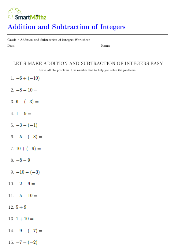 Addition and Subtraction of Integers - SmartMathz