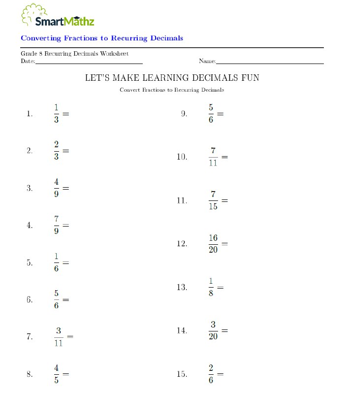 Converting fractions to recurring decimals smartmathz